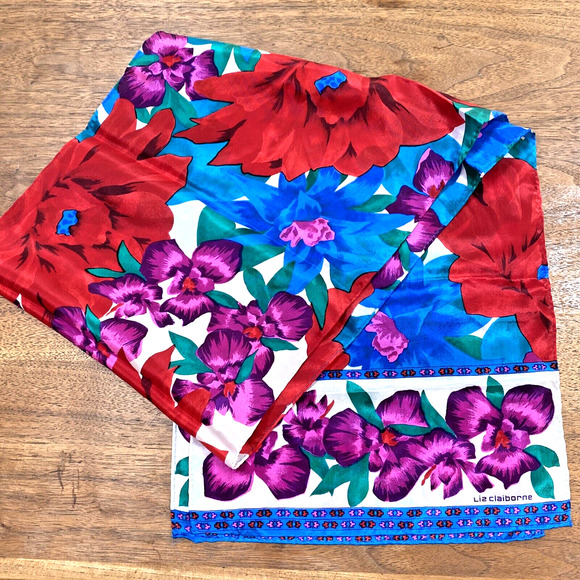 Vintage Liz Claiborne Silk Scarf Long Rectangle Gem Tones Floral Tropical Print - Picture 1 of 5